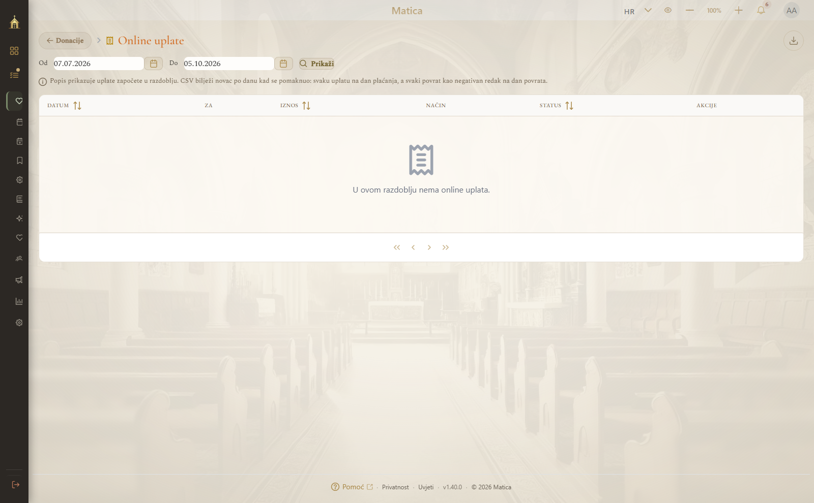 Online uplate: razdoblje, popis i izvoz (prikaz na računalu)