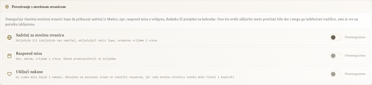 Odjeljak „Povezivanje s mrežnom stranicom" prije uključivanja