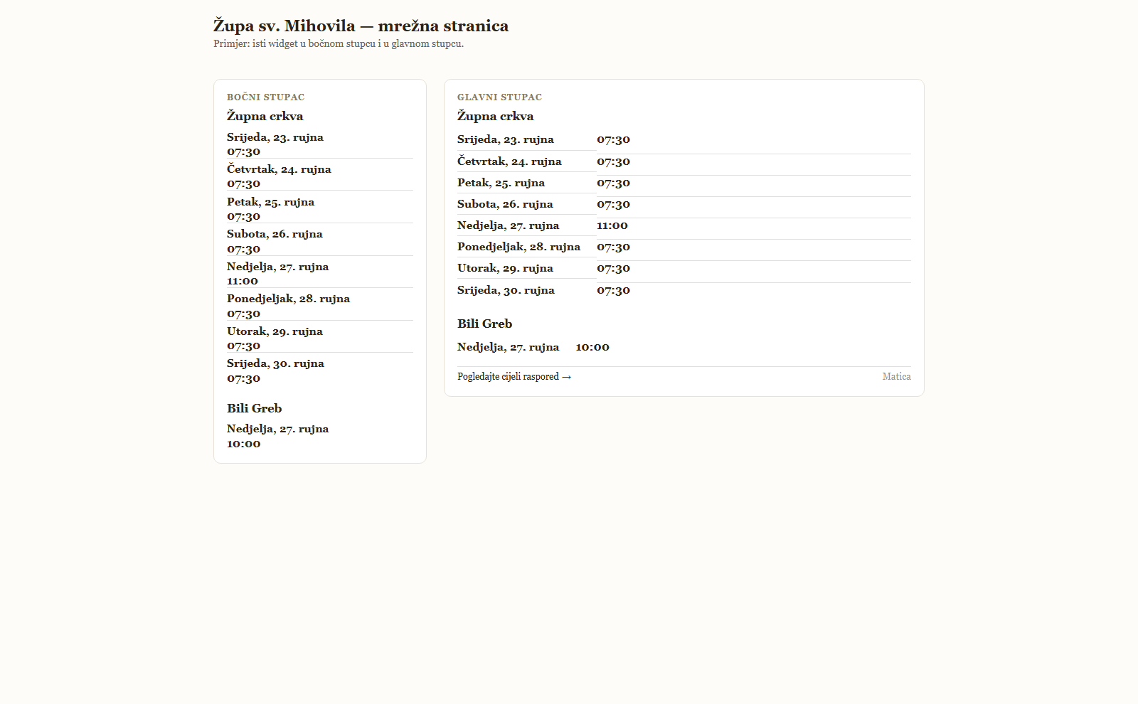 Isti widget u bočnom i u glavnom stupcu župne stranice