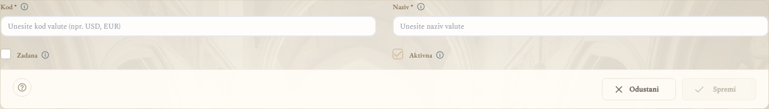 Obrazac za dodavanje valute (izrez)