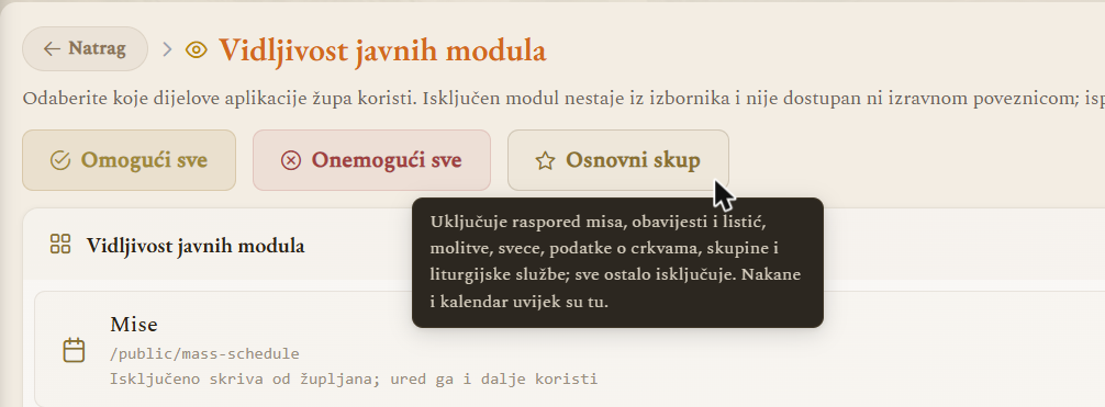 Gumb „Osnovni skup" na stranici Vidljivost javnih modula (prikaz na računalu)
