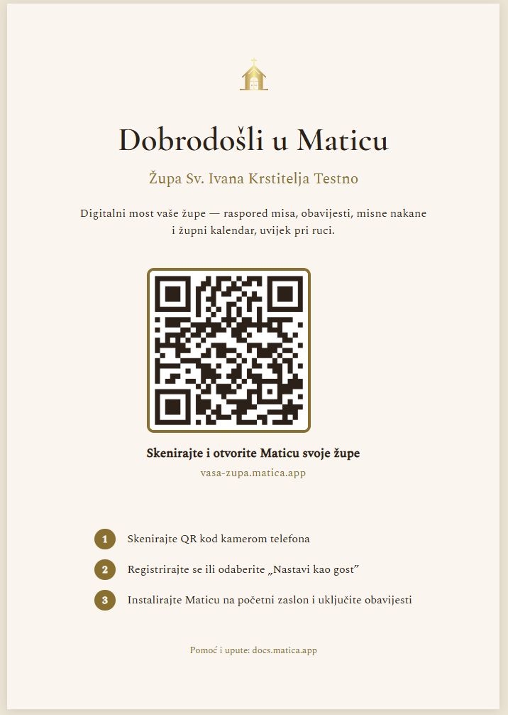 Letak za župljane s QR kodom (prikaz na računalu)