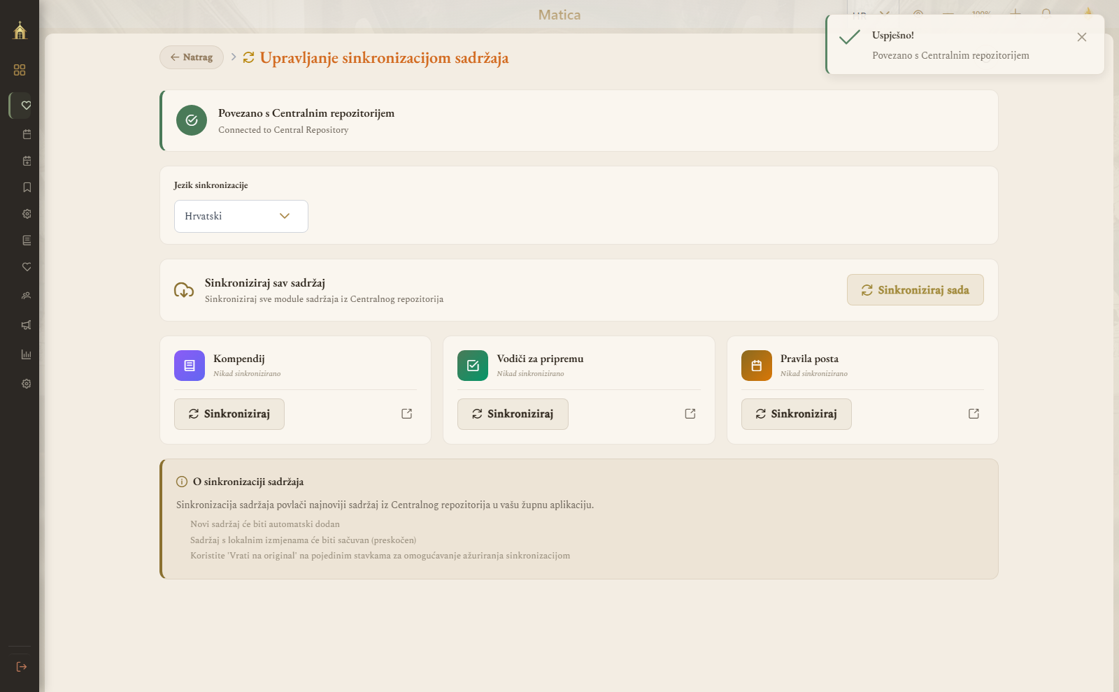 Sinkronizacija sadržaja — status veze i moduli (prikaz na računalu)