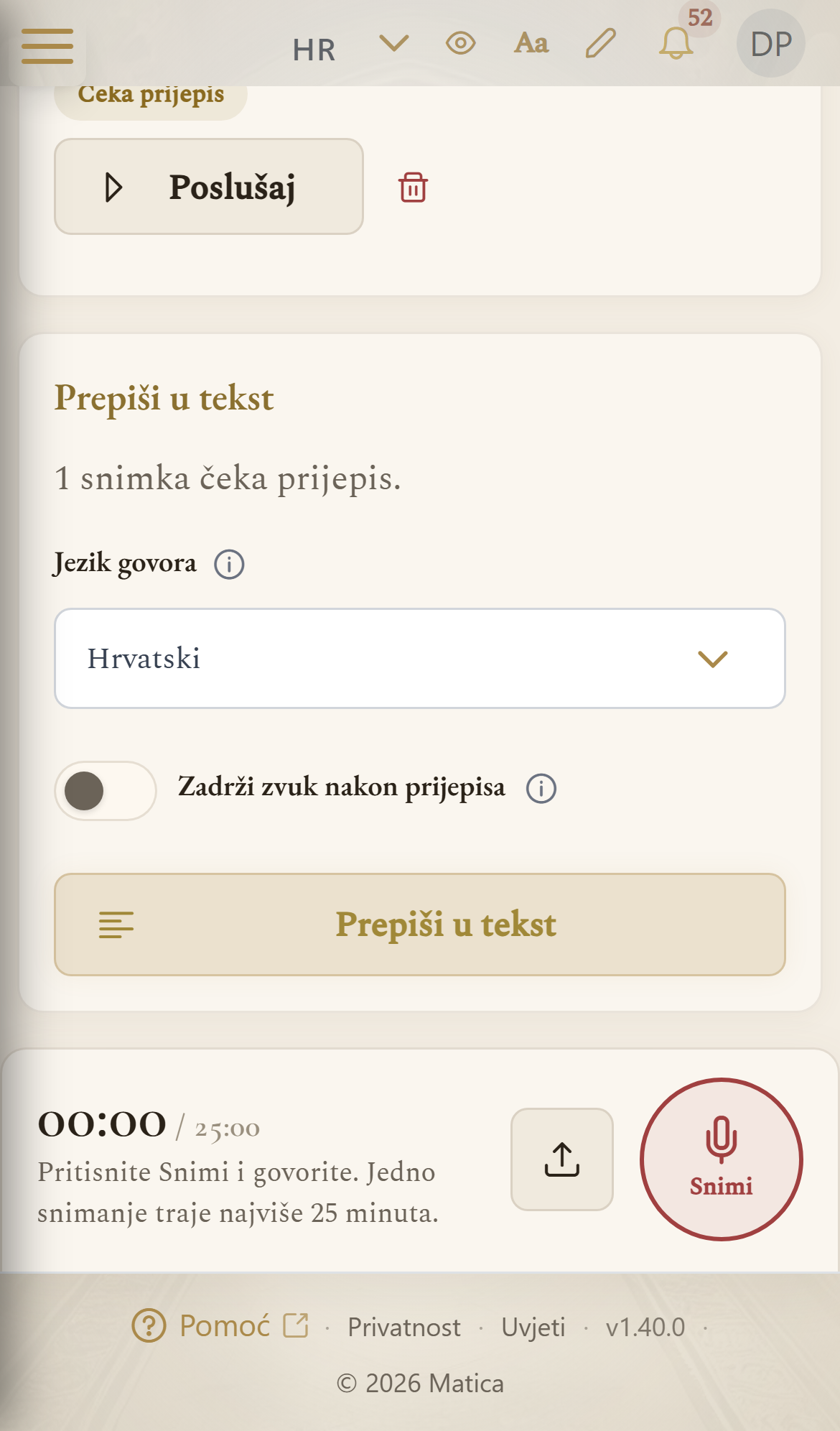 Preneseni zvučni zapis i odjeljak Prepiši u tekst s jezikom govora i preklopnikom Zadrži zvuk nakon prijepisa (mobilni prikaz)