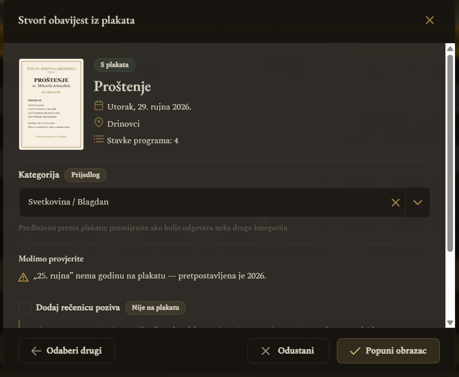 Pročitani plakat s prijedlogom kategorije i upozorenjima (prikaz na računalu)