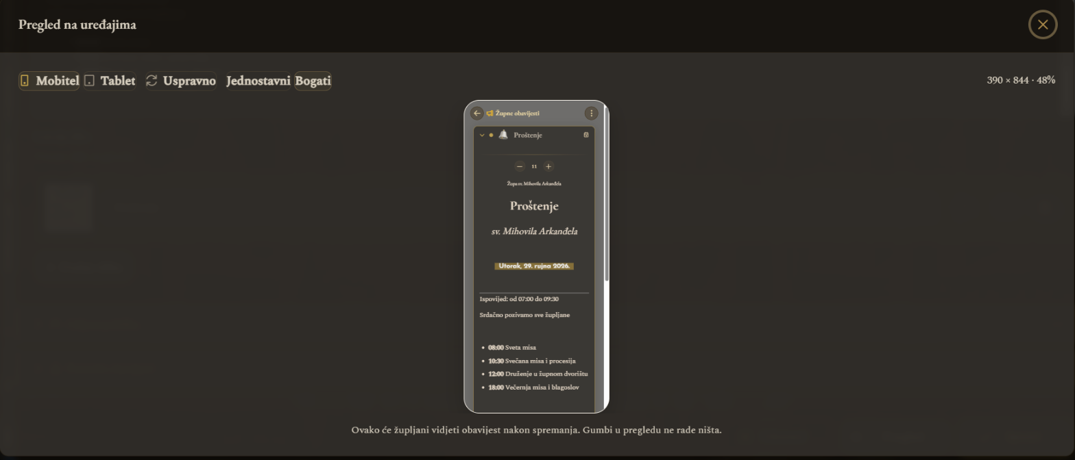 Pregled obavijesti u okviru mobitela (prikaz na računalu)