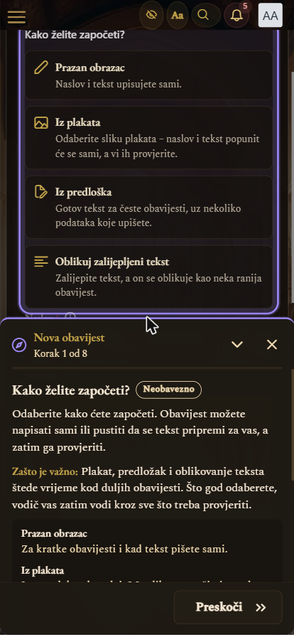Vodič na prvom koraku „Kako želite započeti?" (prikaz na mobitelu)