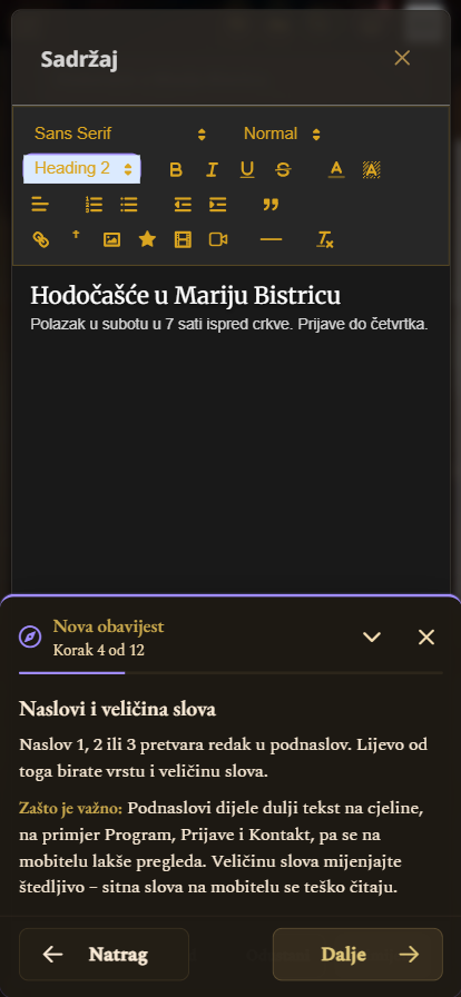 Vodič u uređivaču preko cijelog zaslona objašnjava naslove (prikaz na mobitelu)