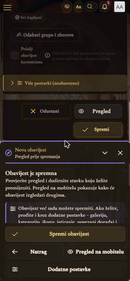 Pregled na kraju vodiča: Spremi obavijest, Pregled na mobitelu i Dodatne postavke (prikaz na mobitelu)