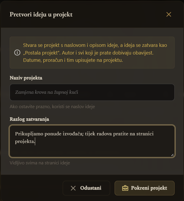 Pretvori ideju u projekt — naziv i razlog zatvaranja