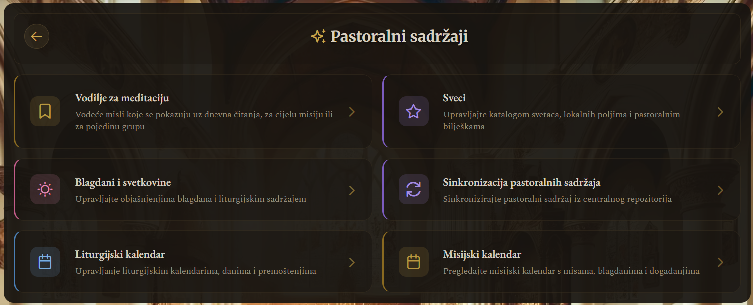 Pastoralni sadržaji — prva kartica otvara popis vodilja