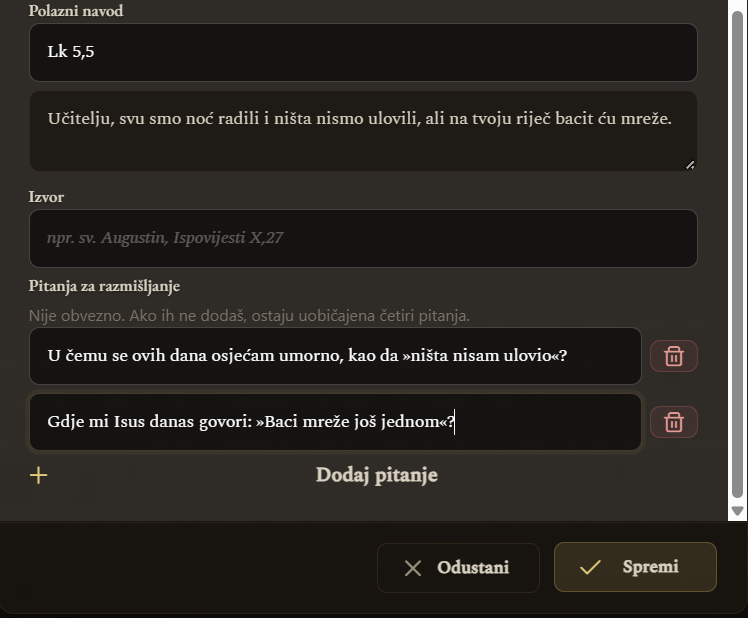 Polazni navod, izvor i vlastita pitanja za razmišljanje