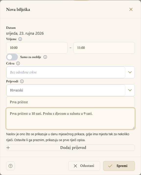Prozor Nova bilješka s primjerom teksta (prikaz na računalu)