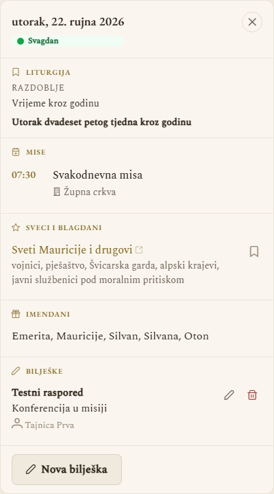 Pregled dana za tajnika: bilješke i gumb Nova bilješka (prikaz na računalu)