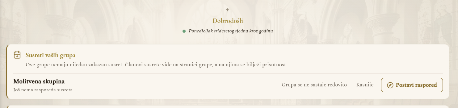 Kartica Susreti vaših grupa na početnoj stranici (prikaz na računalu)