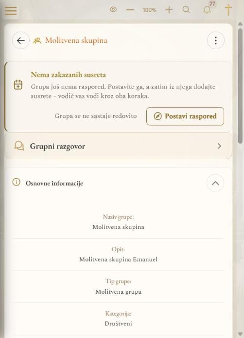 Podsjetnik na stranici grupe (mobilni prikaz)