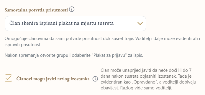 Postavka „Članovi mogu javiti razlog izostanka”, ispod samostalne potvrde prisutnosti