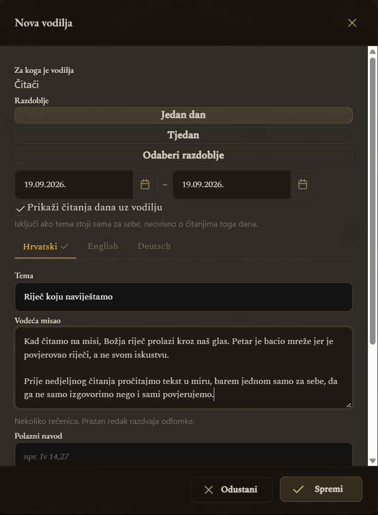 Prozor za pisanje — ispod „Za koga je vodilja“ piše ime skupine