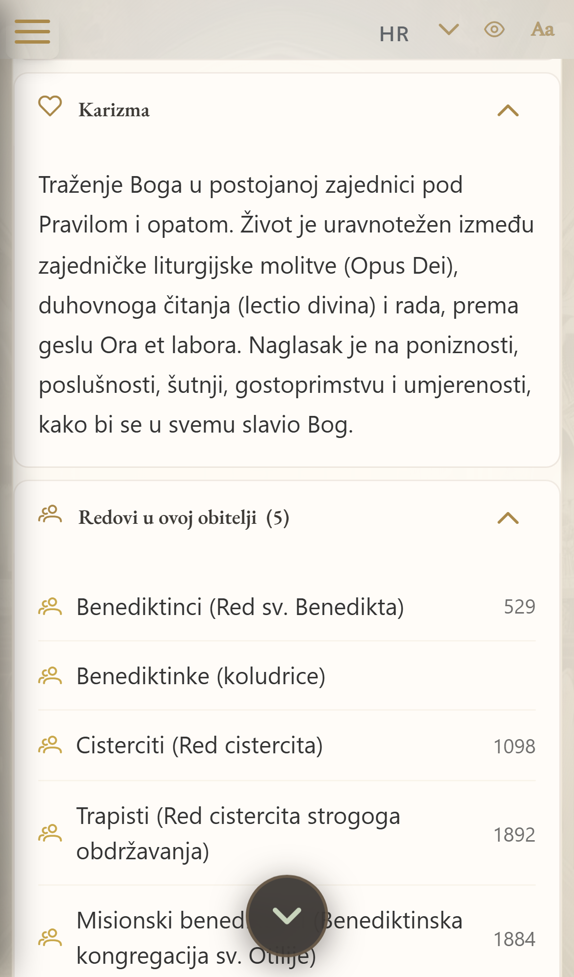 Redovnička obitelj s popisom svojih redova (mobilni prikaz)