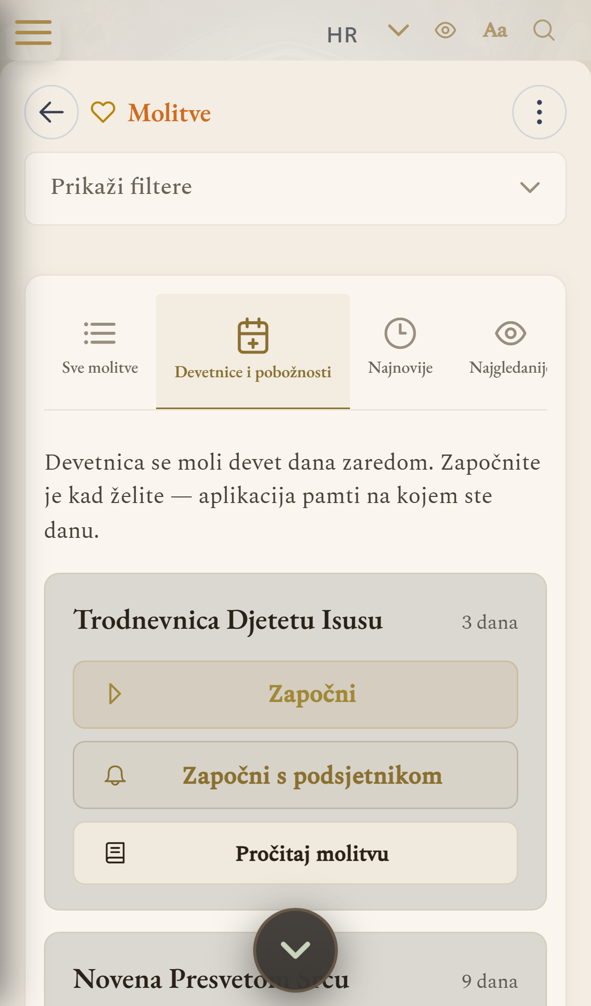 Popis devetnica i trodnevnica (mobilni prikaz)