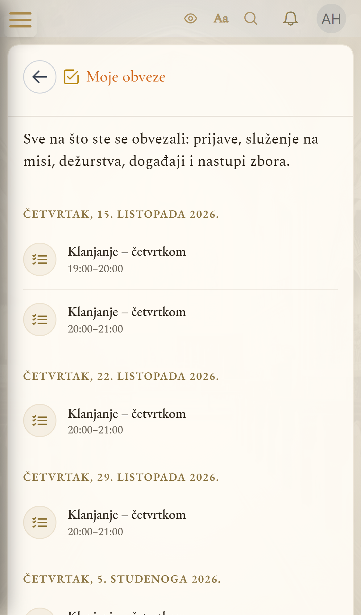 Moje obveze: upisi na klanjanje po danima (mobilni prikaz)