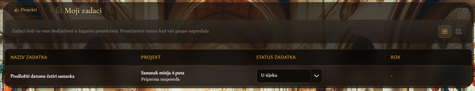 Moji zadaci — zadatak s projektom, fazom i statusom