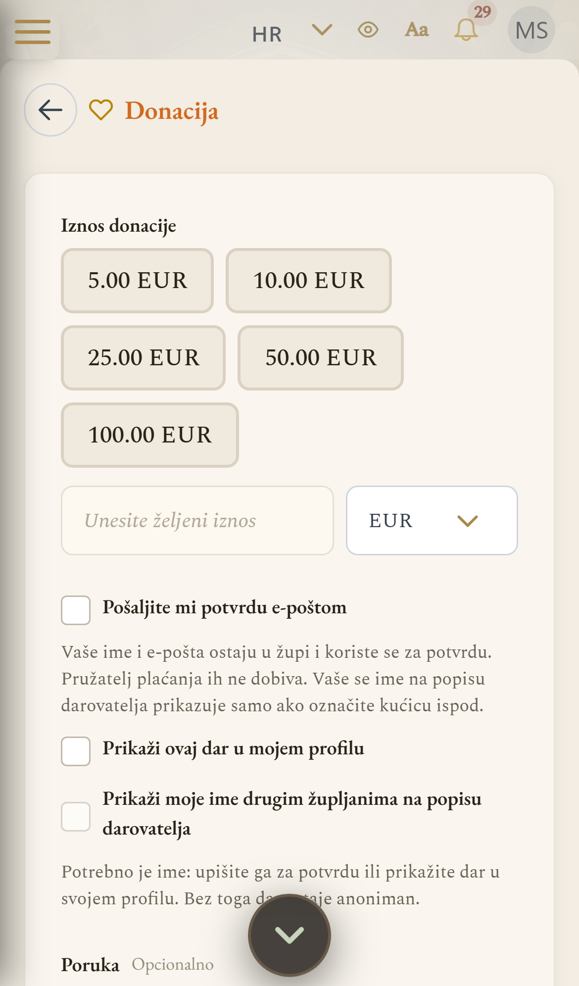 Obrazac online donacije s kućicom za prikaz imena (mobilni prikaz)