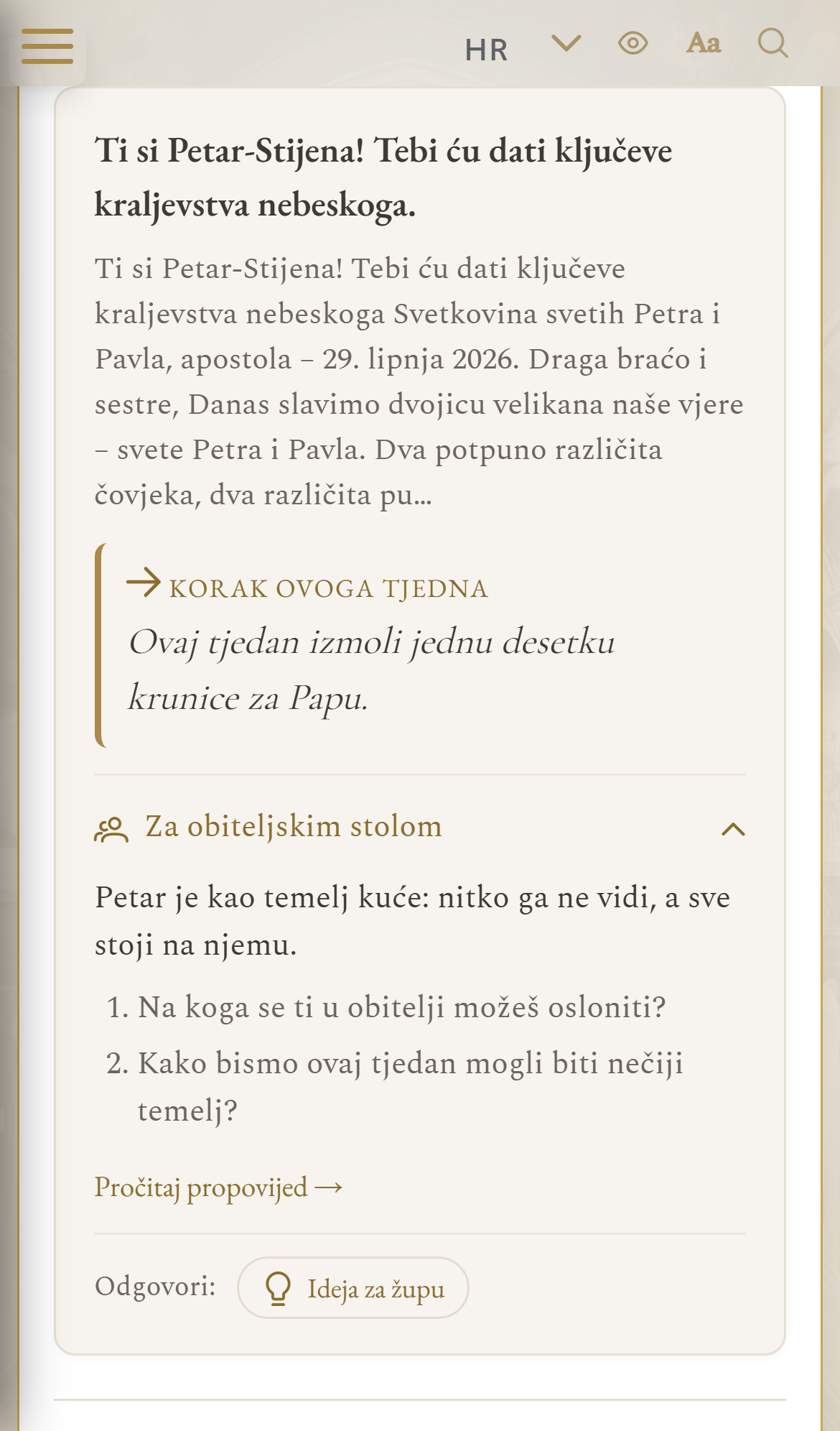 Kartica Ovaj tjedan s korakom i obiteljskim stolom (mobilni prikaz)