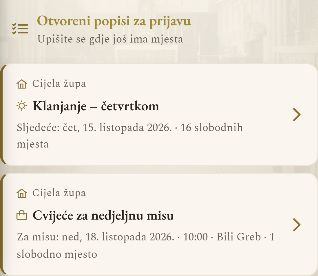 Kartica Otvoreni popisi za prijavu: klanjanje cijele župe i cvijeće za nedjeljnu misu (mobilni prikaz)