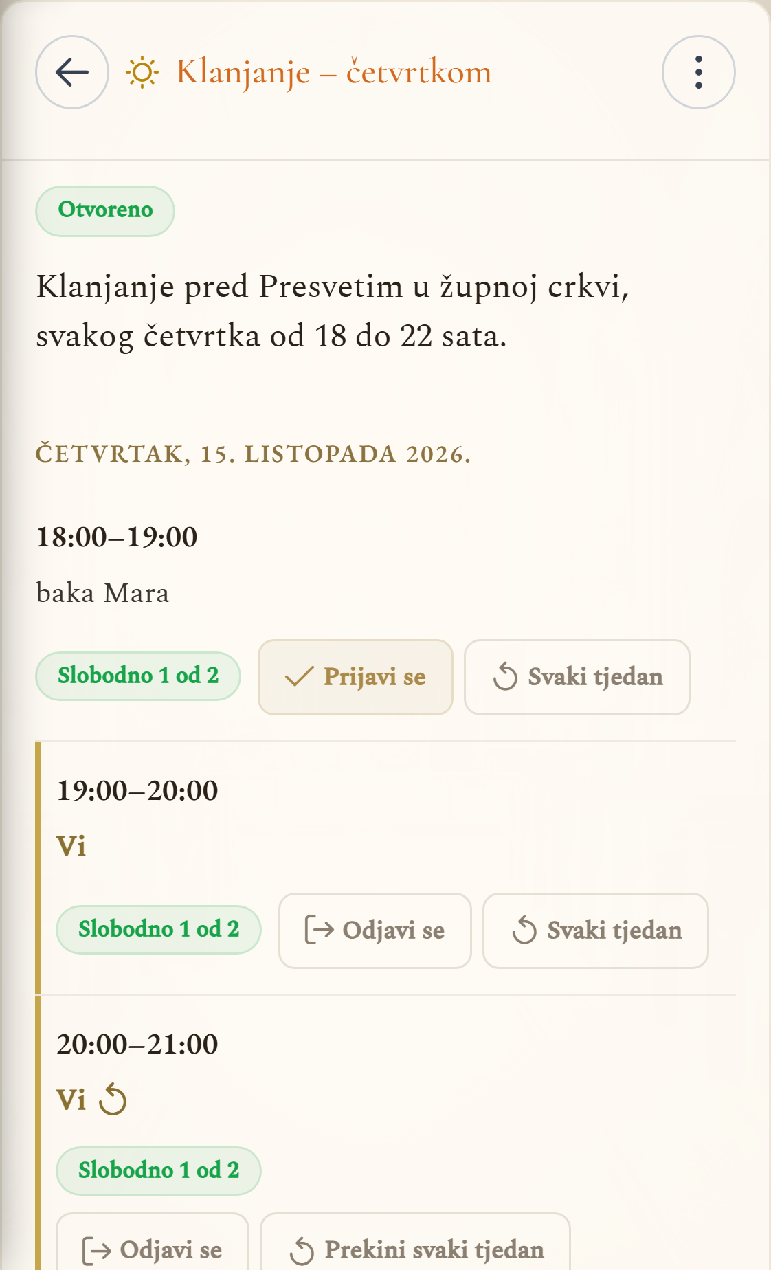 Popis klanjanja: upis na 19 h, svaki tjedan u 20 h, slobodni satovi s gumbima Prijavi se i Svaki tjedan (mobilni prikaz)