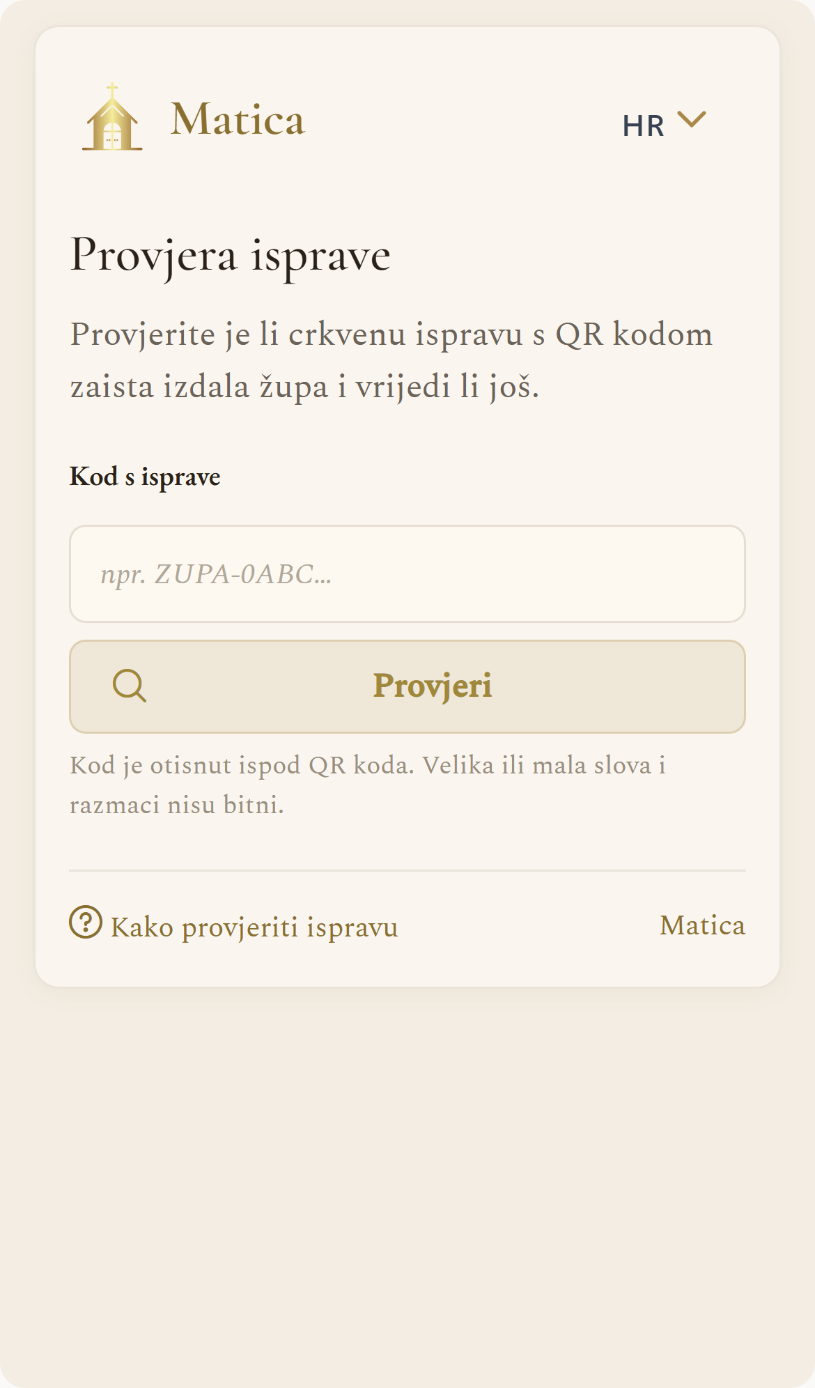 Stranica Provjera isprave (mobilni prikaz)