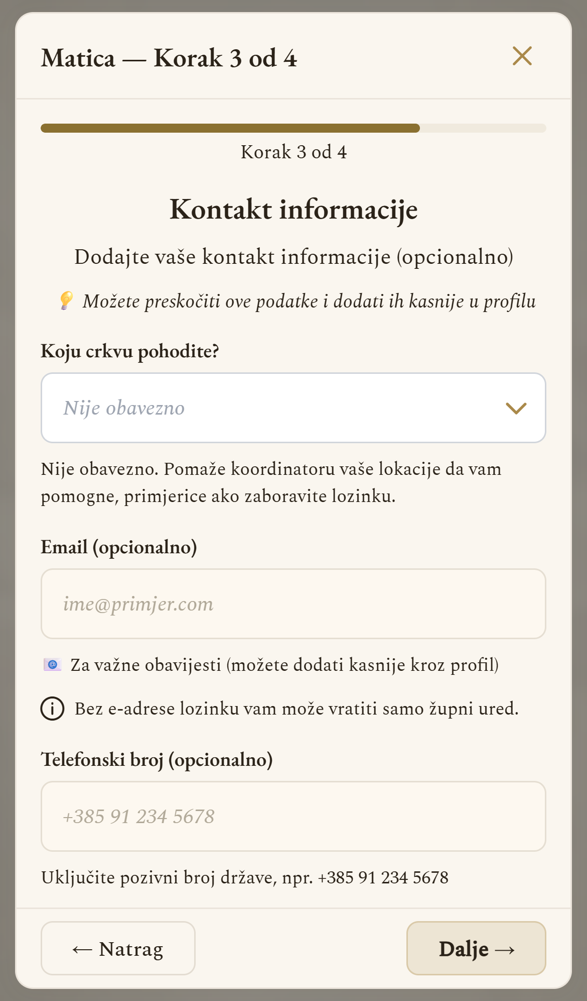 Registracija — pitanje Koju crkvu pohodite? (mobilni prikaz)