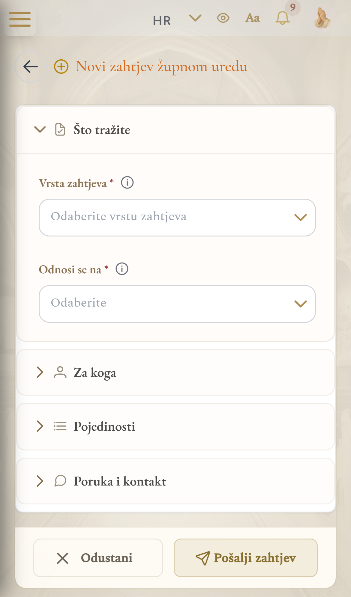 Obrazac novog zahtjeva župnom uredu (mobilni prikaz)