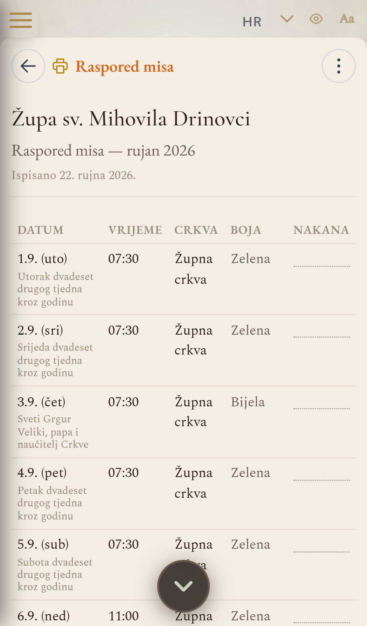 Raspored misa za mjesec, spreman za ispis (mobilni prikaz)